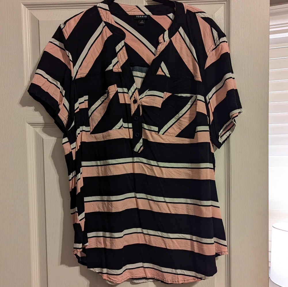 Torrid Pink & Black Striped V-Neck Blouse size 2